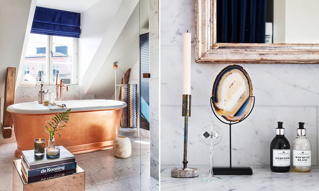 Badrumsinspiration: Skapa lyxkänsla med koppar, marmor och midnattsblått