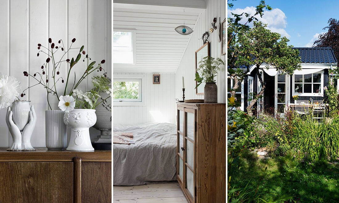 Lantlig pärla med magiskt växthus, ljusa trägolv och blomstrande perenner