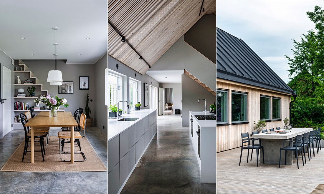 Öppna ytor, betonggolv och lugna nyanser i det moderna ladhuset