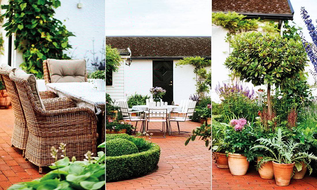 Uteplats med mjuka former och lättskött tegelgolv – kika in