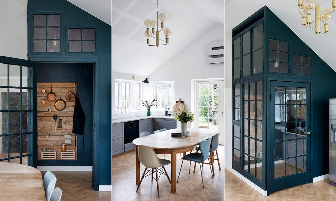 Kika in i köket med kombinerat skafferi och förråd – byggt av gamla fönster