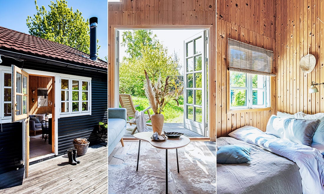 Vardagsrummet leder rakt ut till trädäcket på 120 kvadrat – kika in i sommarhuset med 70-talskänsla