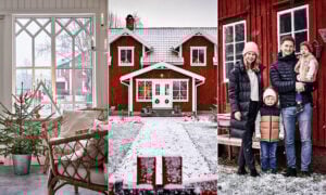 Rött 1930-talshus med vita knutar.