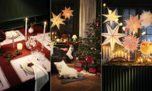 Juldukning, adventsstjärnor och julgran med paket.