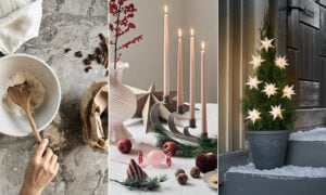 Adventsljusstake och ljusslinga i liten gran.