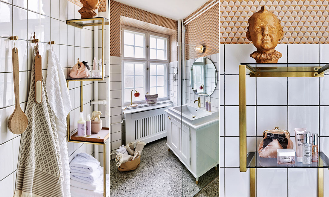 Terrazzogolv, tapet och vitt kakel – kika in i det vackra badrummet!