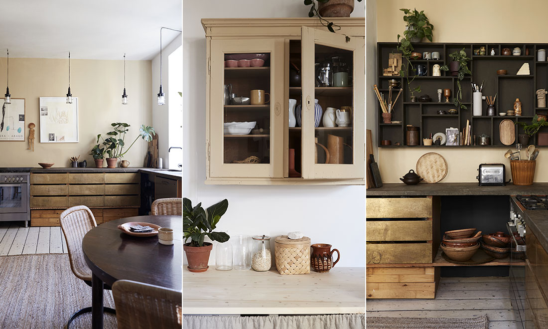 Kika in i det unika köket – mässing, betong och återvunnet trä