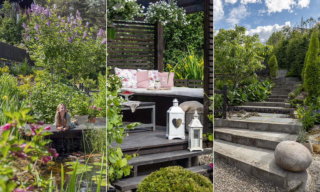 Kika in i den brant sluttande trädgården på 850 kvadrat – uppdelad i fem nivåer