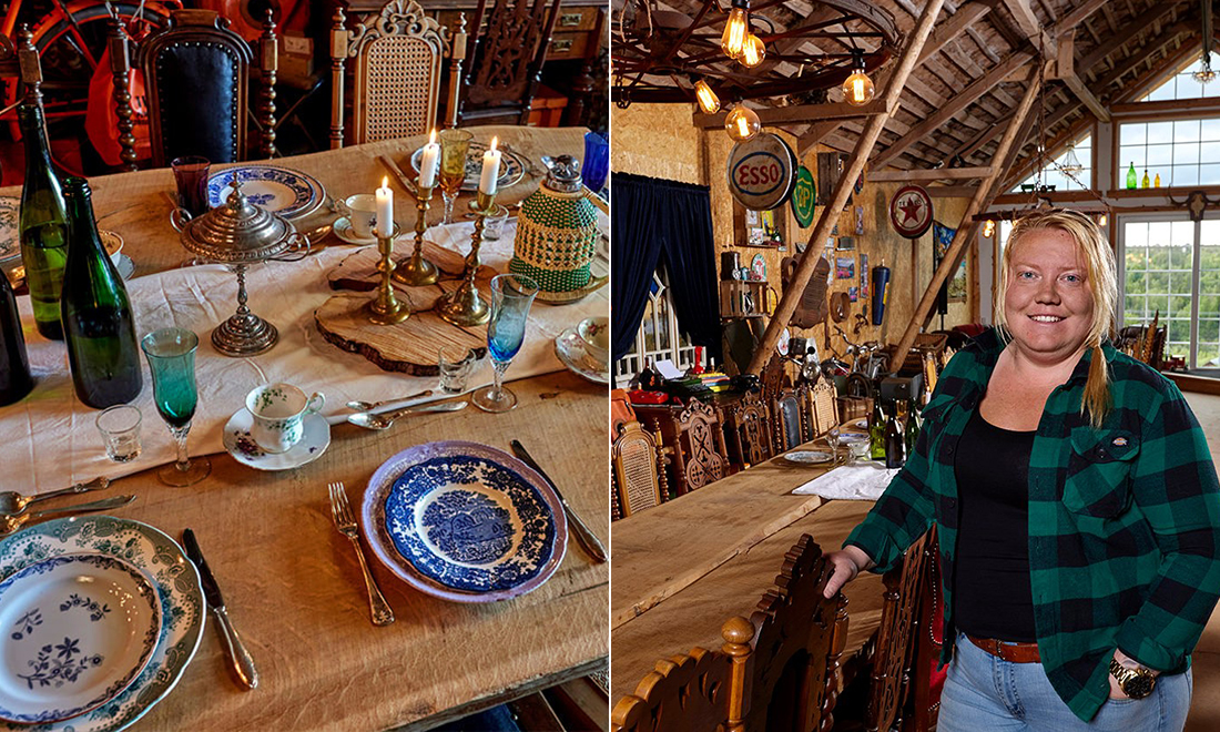 Höloftet blev festvåning med loppisfynd: ”Skiten” i ladan fixar stämningen